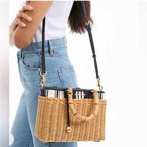 Veronica Beard Porto Crossbody Bag Natural Wicker & Navy Canvas Stripe - NWT